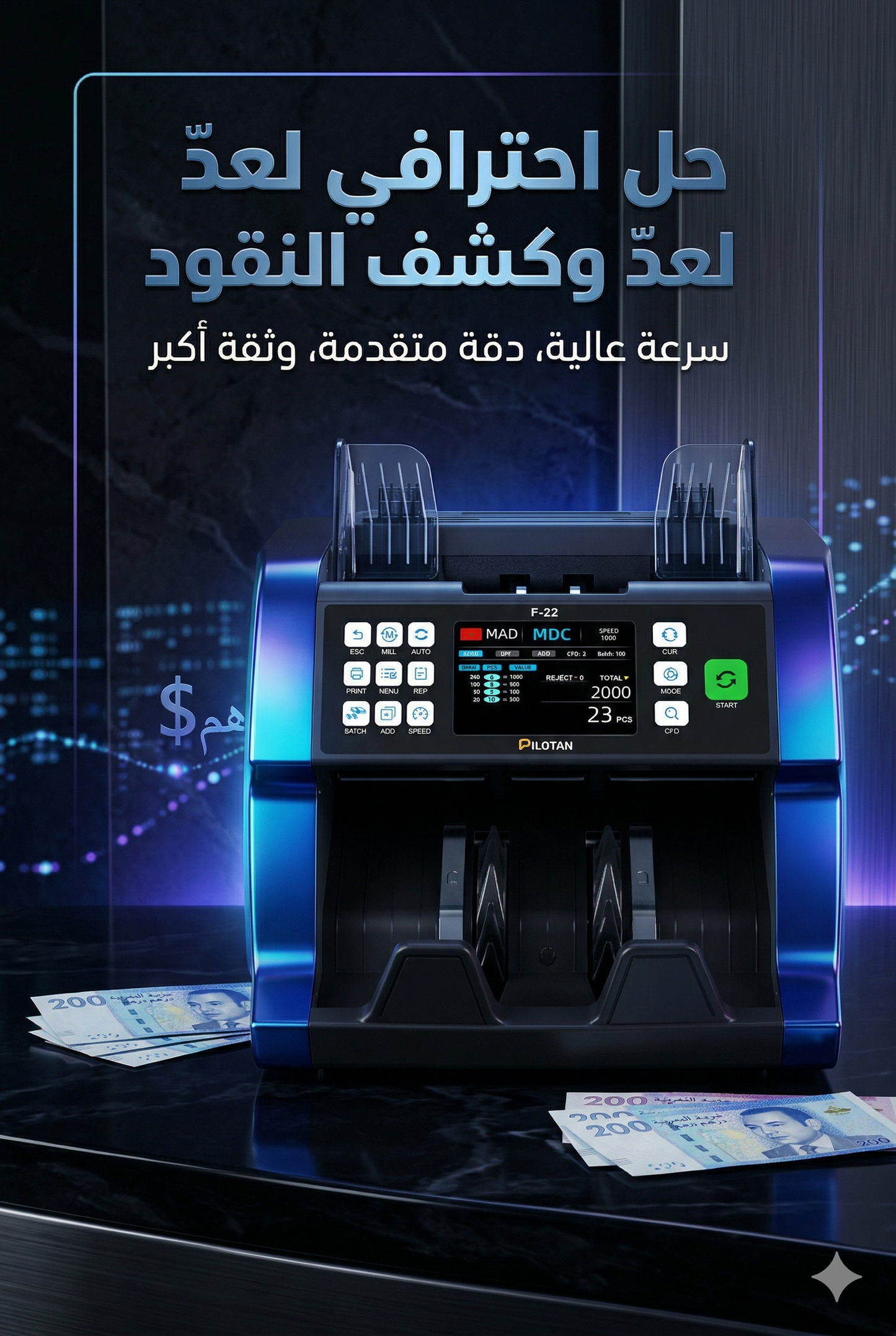 جهاز عدّ النقود المعتمد من البنوك المغربية | دقة أبناك في متجرك أو مكتبك F-22